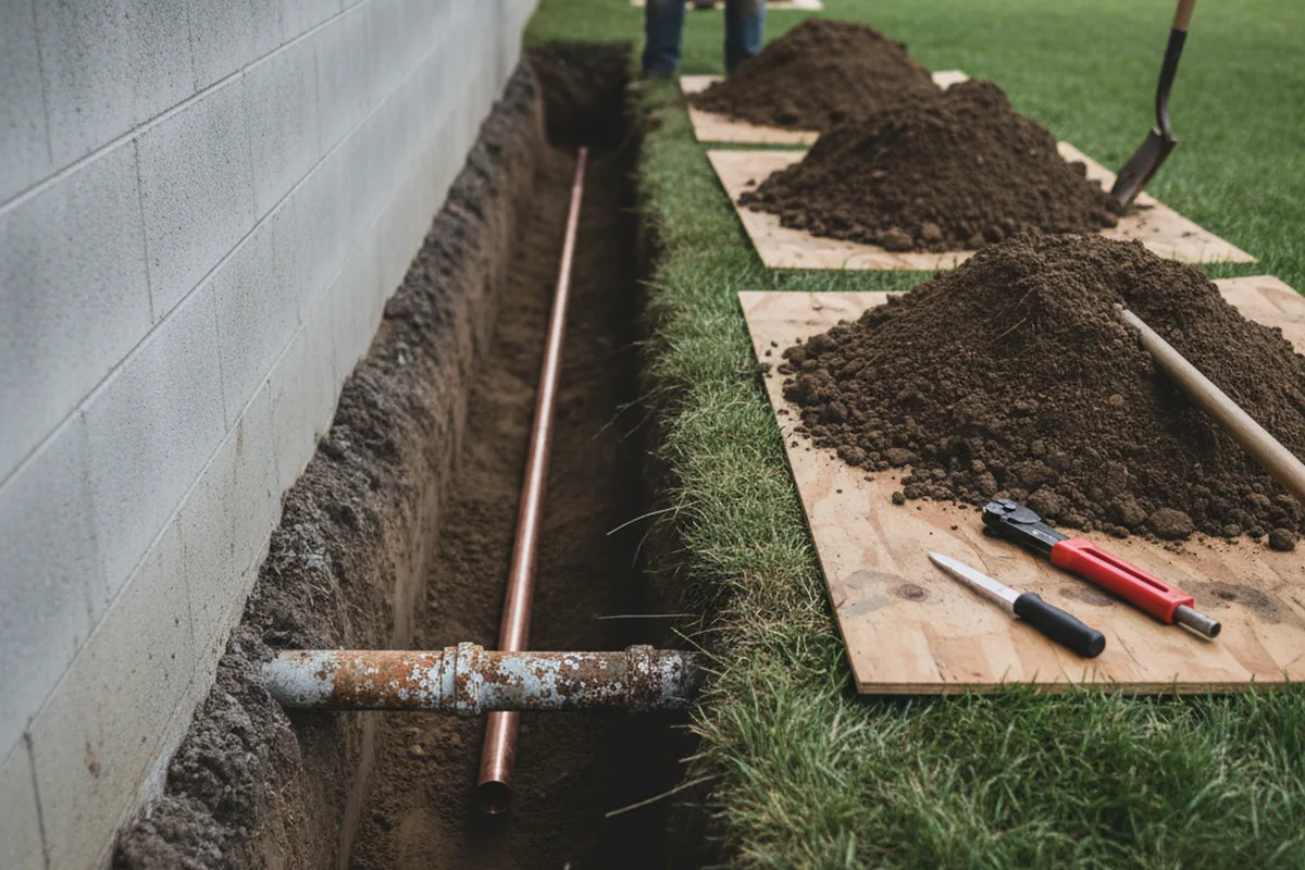Excavated water line trench during Sewer Line Repair in Aripeka